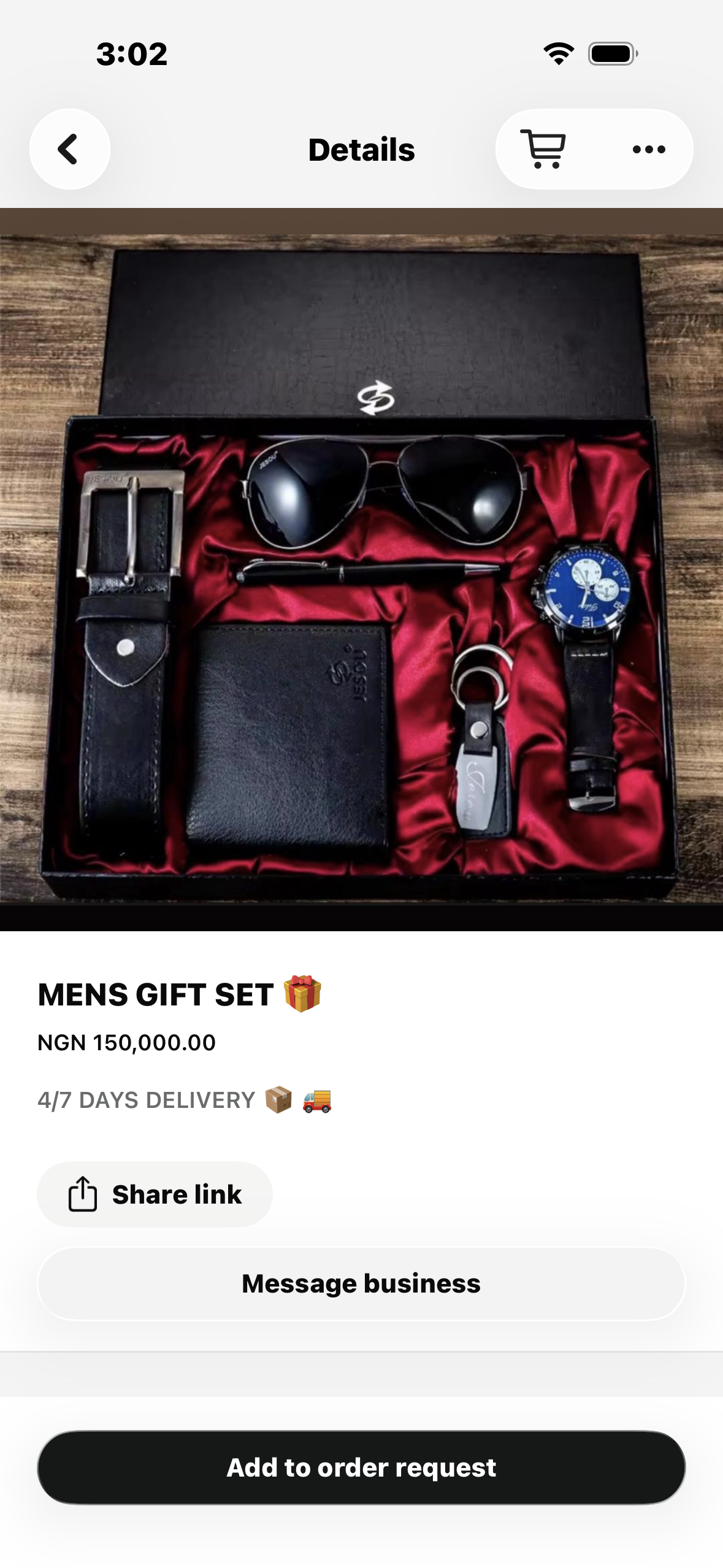 A men's gift set with a belt, wallet, sunglasses, pen, keyring and watch, boxed and ready to send